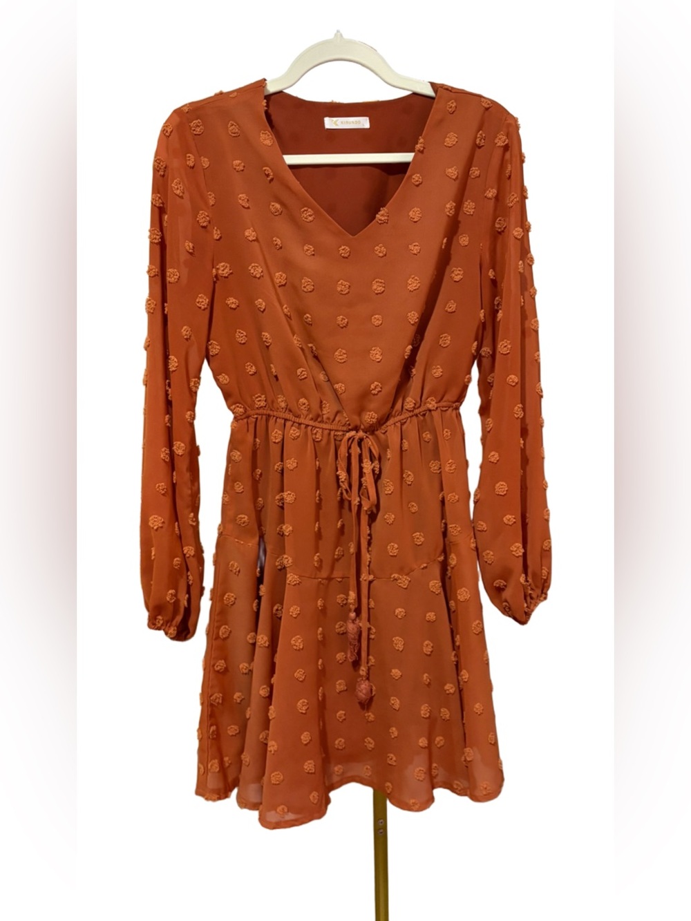 KIRUNDO - Burnt Orange Chiffon Babydoll Tie-Waist Dress (S)